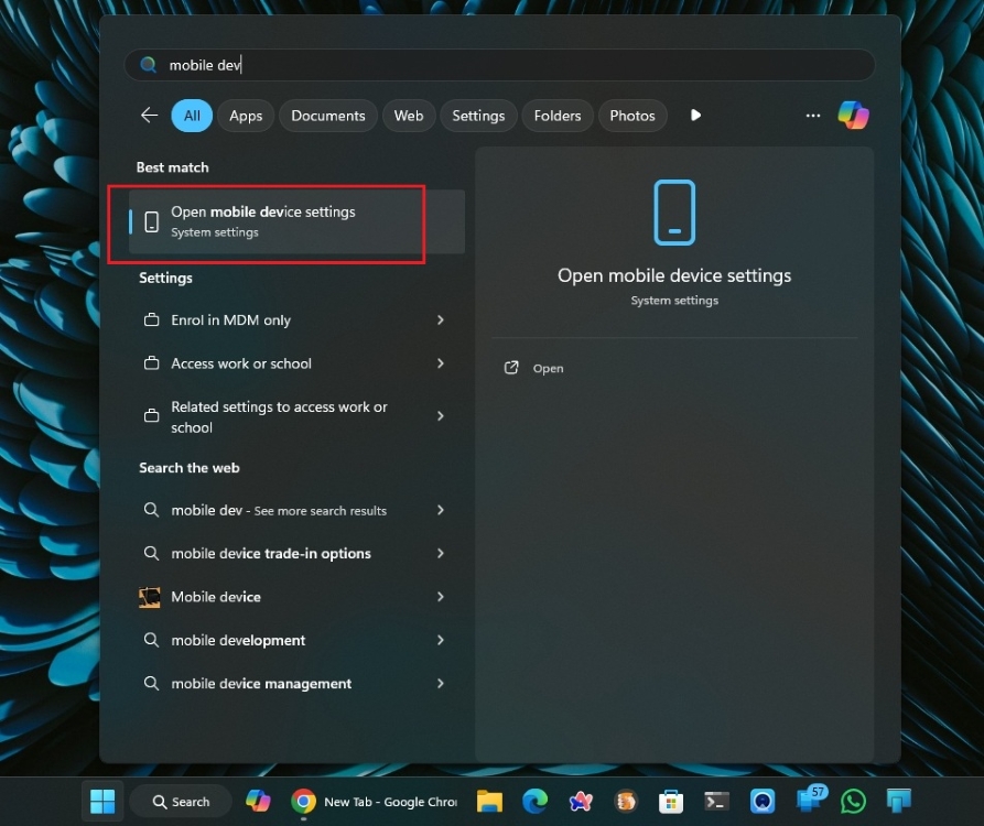 mobile device settings in windows 11 start menu