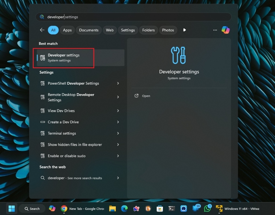 open developer settings windows 11 start menu