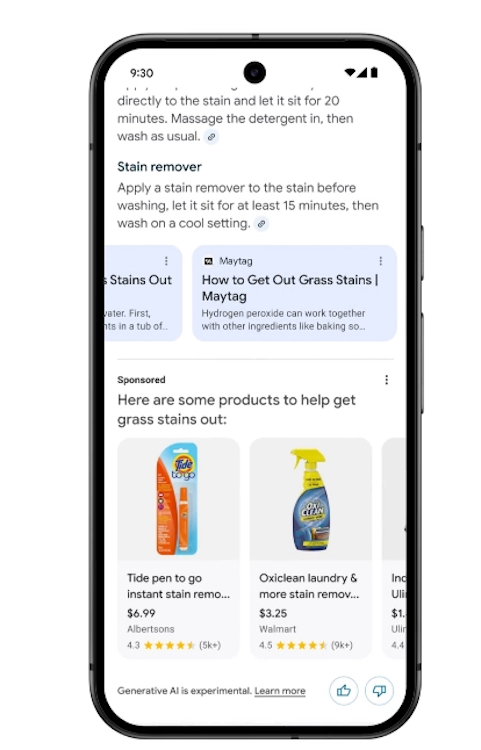 AI Overviews in Google Search displaying shopping ads