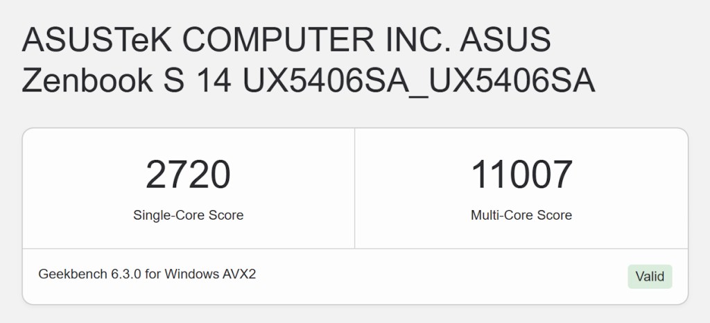 ASUS Zenbook S14 Geekbench 6