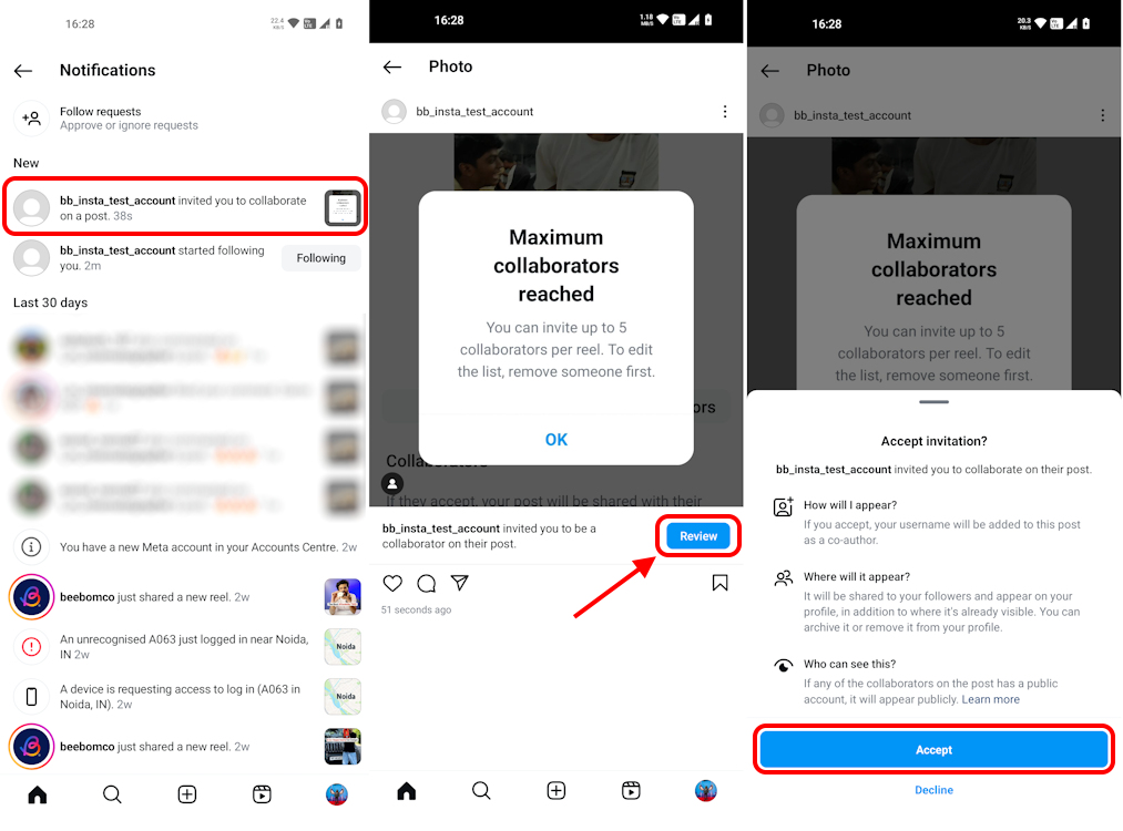 Accept or Decline collaboration request Instagram