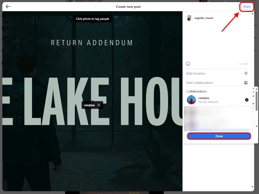 Add collaborators and sharing post on Instagram web