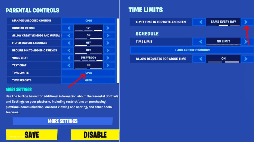 Adjust time limits in Fortnite menu