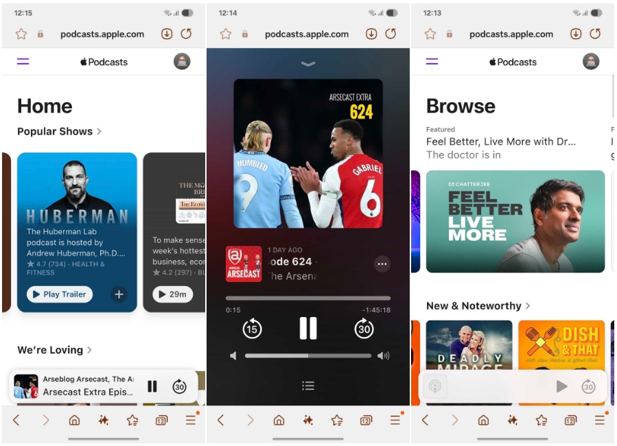 screenshots showing the interface inside Apple Podcasts web app on Android previewing the home page, now playing, and browse screens