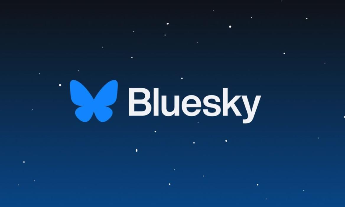 illustration of Bluesky logo with text on top of a dark night sky background