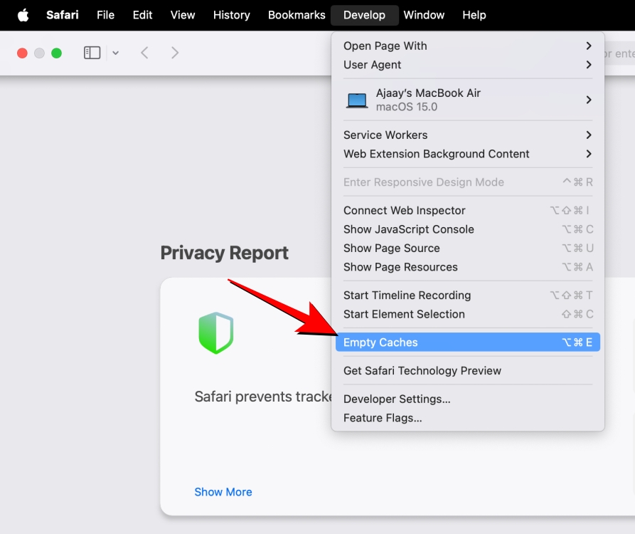 Select Empty Caches to clear cache on Safari
