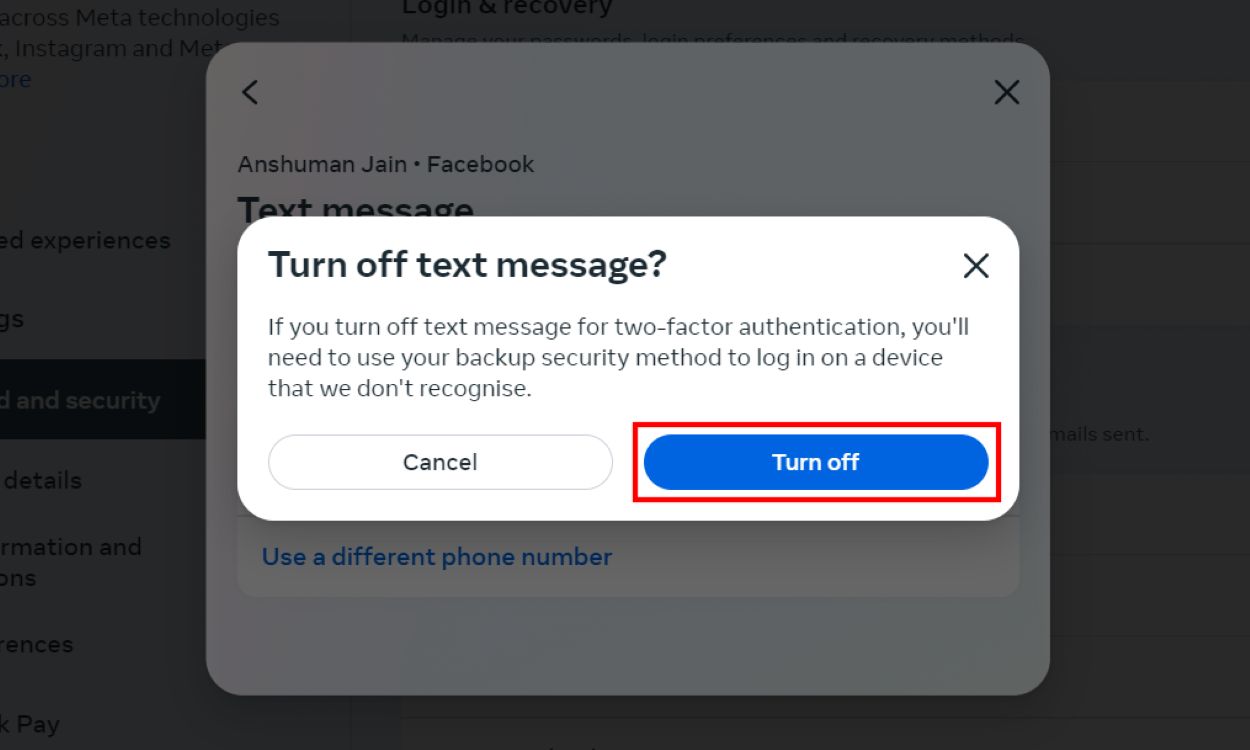 Confirm Disabling Text Message Authentication