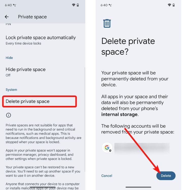 Delete Private Space