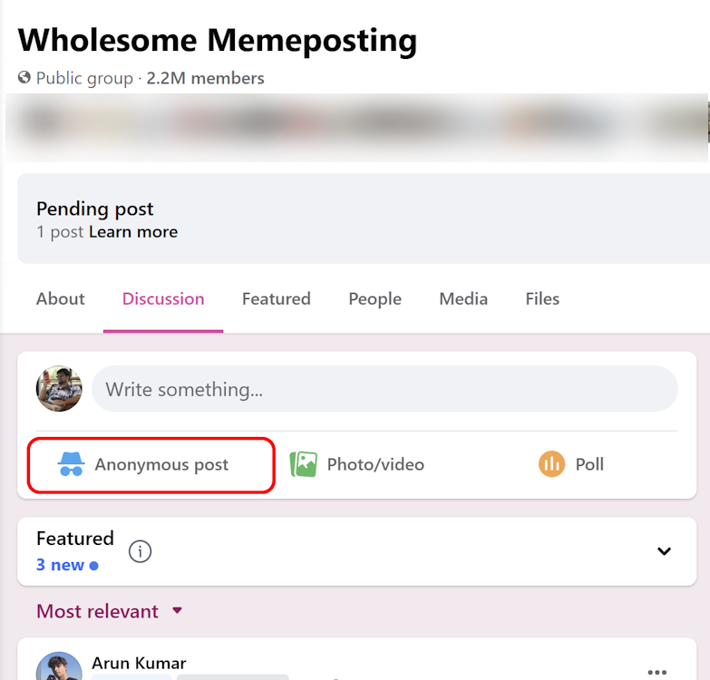 Facebook Groups Anonymous post option web