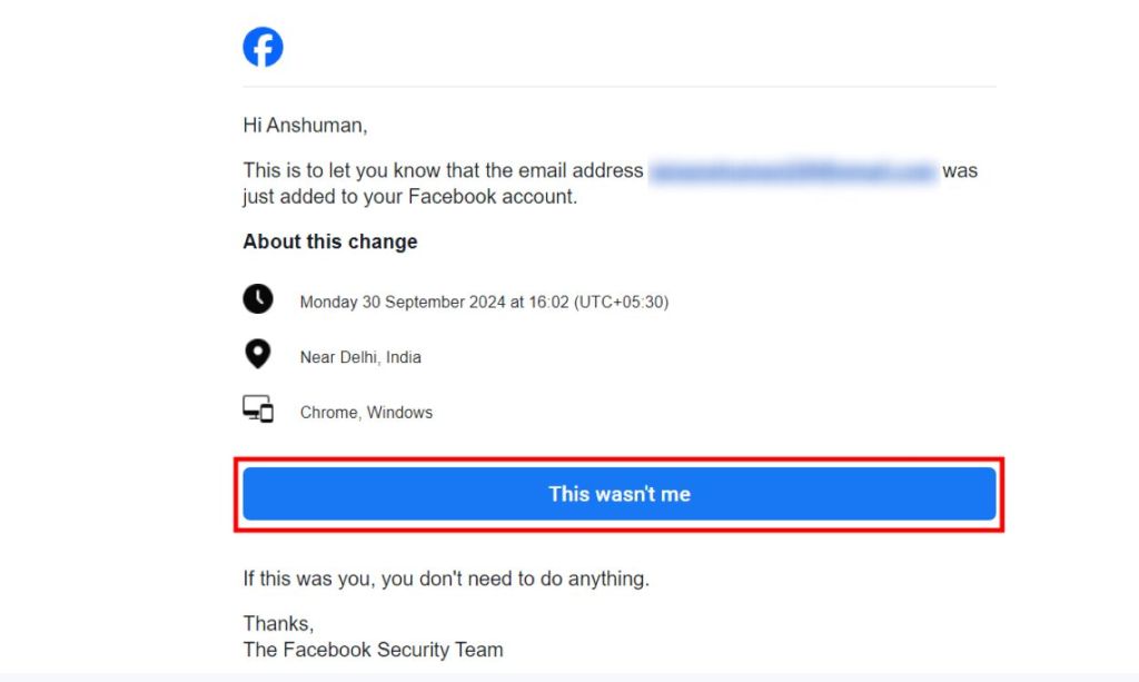 Facebook Warning Email