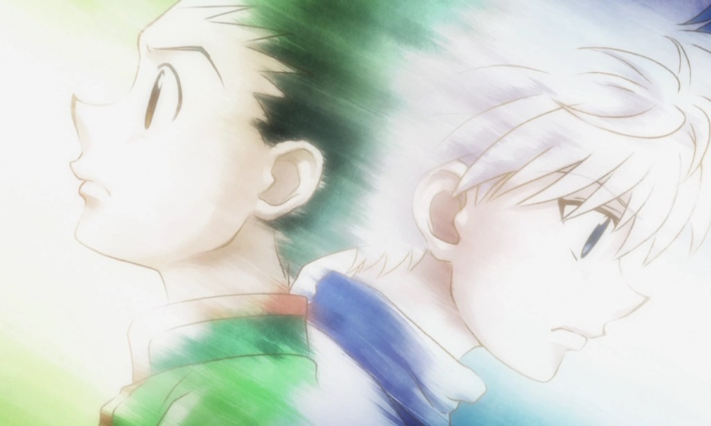 Gon and Killua bidding farewell to each other in Hunter x Hunter anime