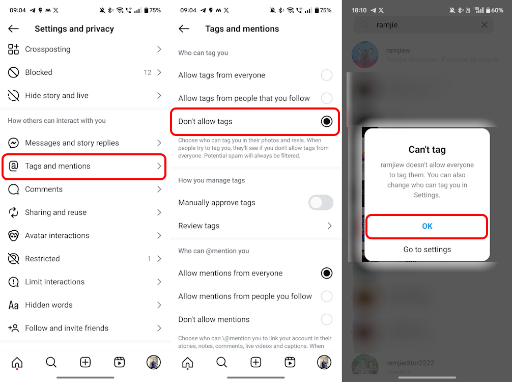 How to disable tags Instagram