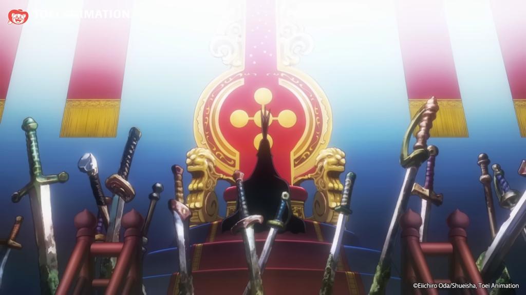 Imu sitting on the throne inside the Pangaea Castle in One Piece