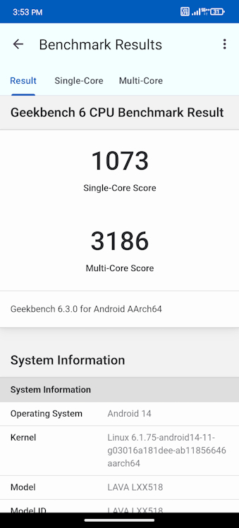 Lava Agni 3 Geekbench