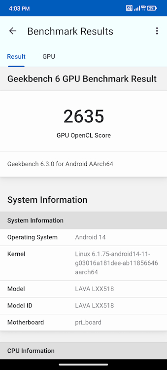 Lava Agni 3 Geekbench OpenCL