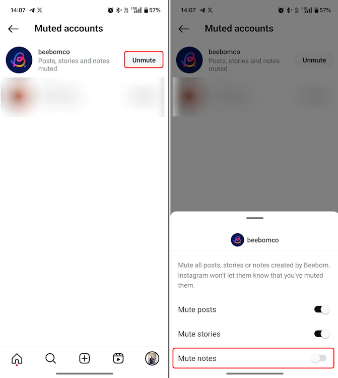 Muting Instagram Notes from Settings