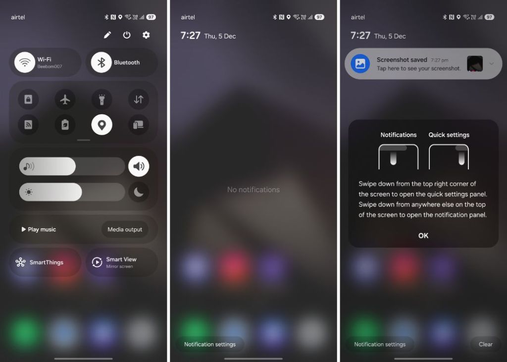 One UI 7 Quick Settings, Notification panel, and instructions