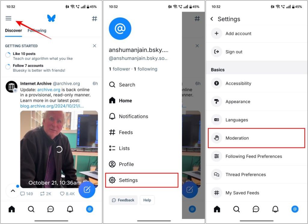 Opening Bluesky Moderation Settings