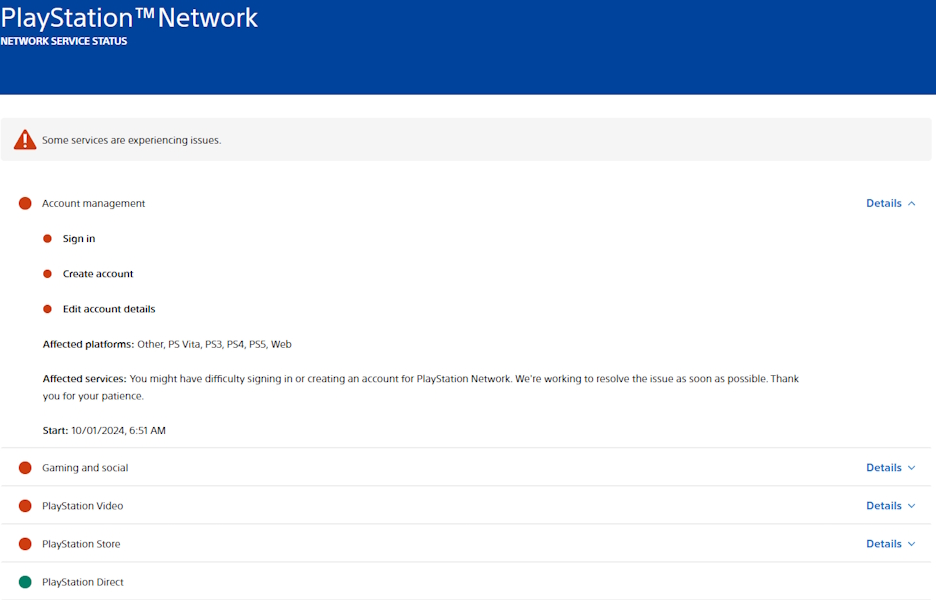 PlayStation Network server status page