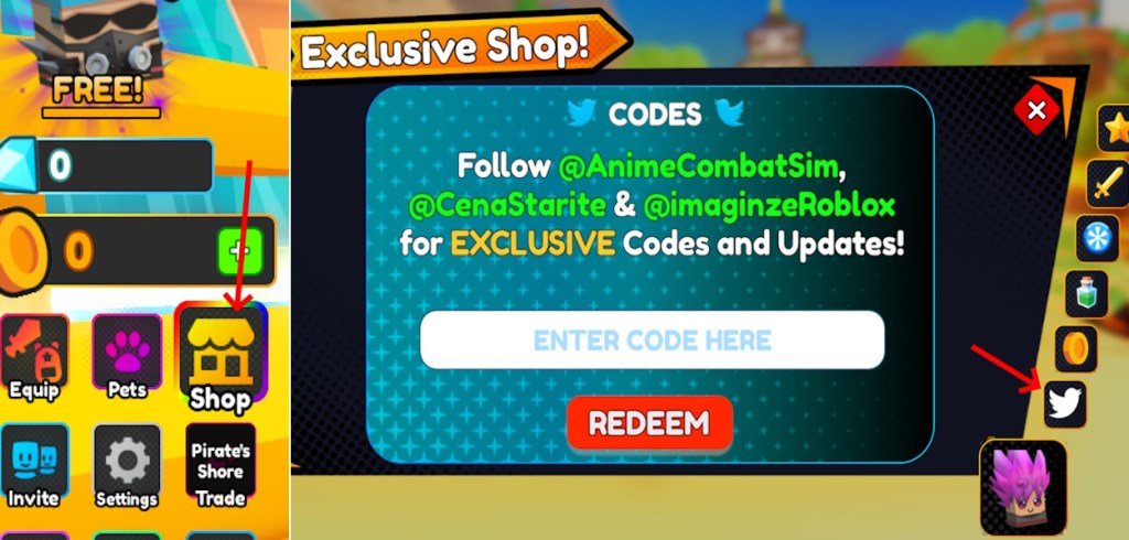 Redeem a code Anime Slashing Simulator option