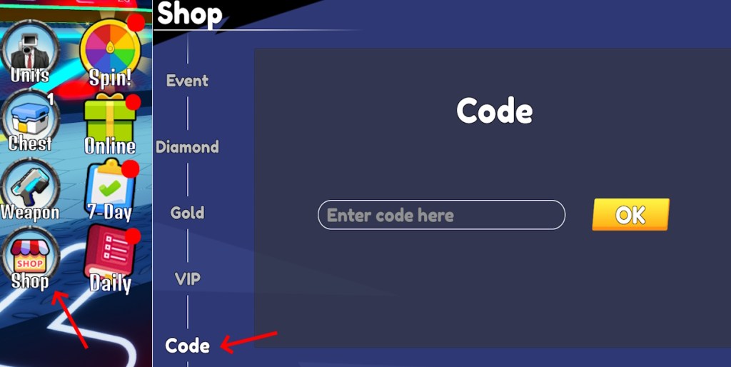 Redeem a code option in Skibidi Toilet Battle