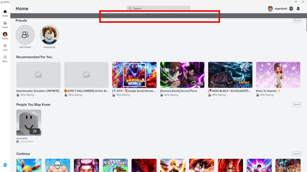 Roblox home page error message