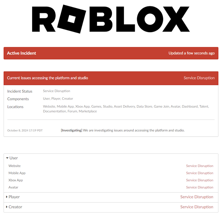 Roblox server status disrupted image