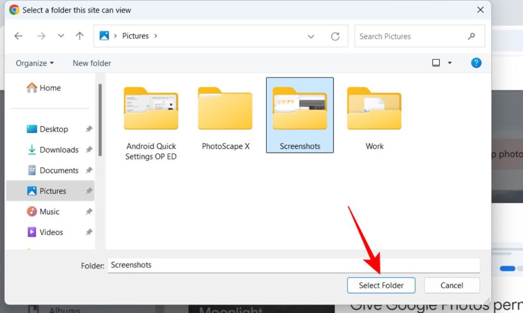 Select Folder to back up to google photos from PC