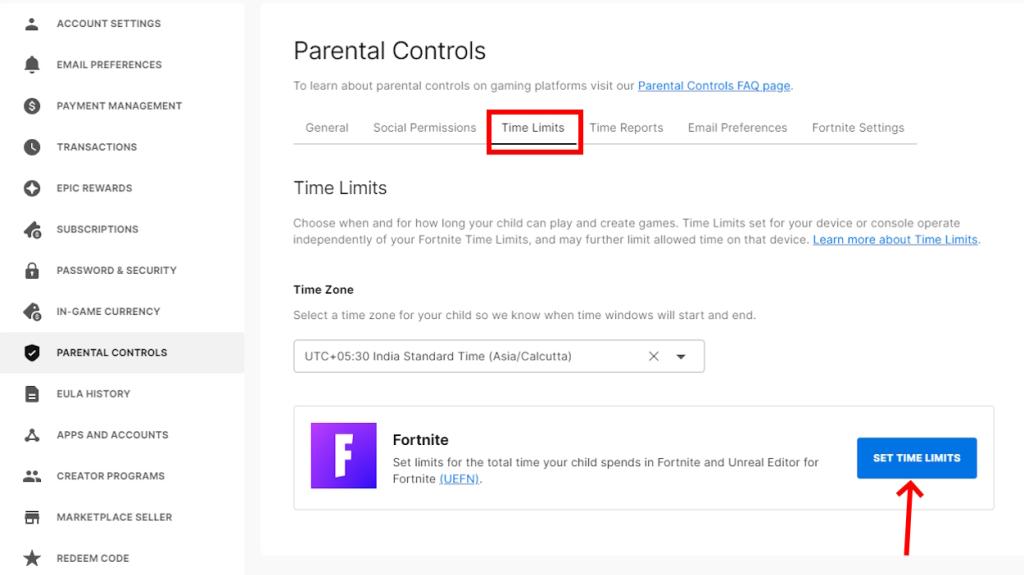 Set Time Limits option for Fortnite parental controls