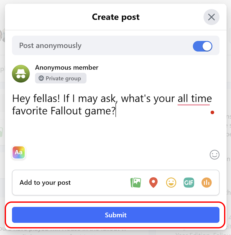 Submit anonymous post on Facebook