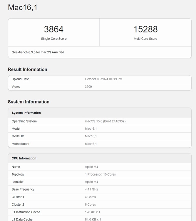 apple m4 on macbook geekbench score