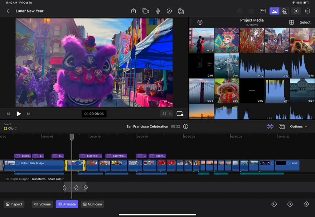 Final Cut Pro on iPad with video timeline, keyframing, and clip editing options