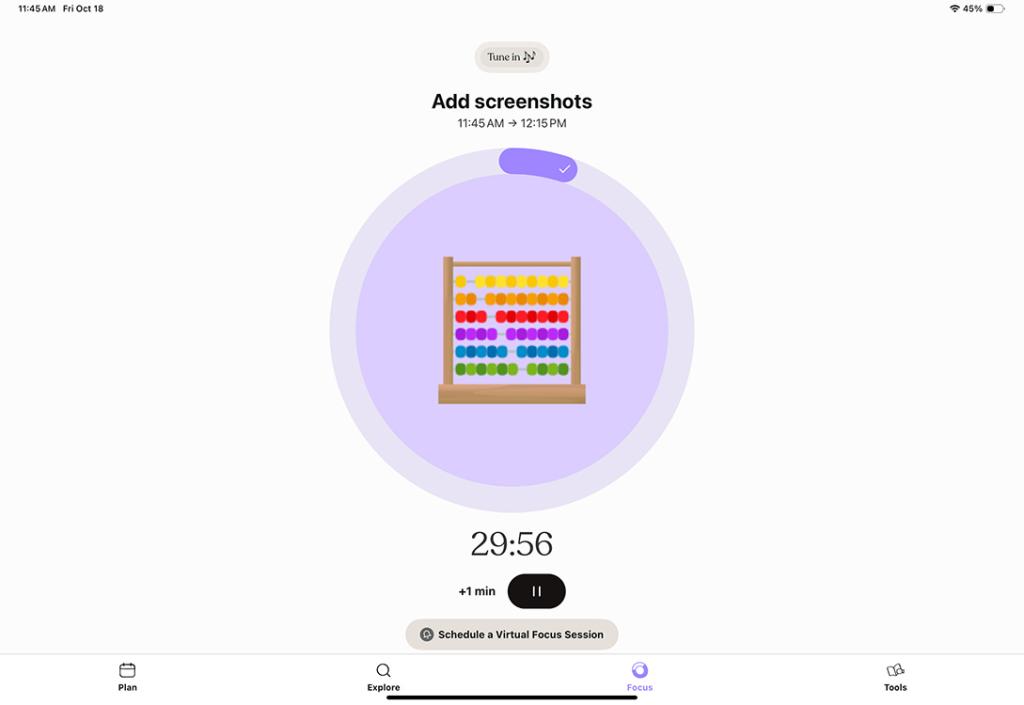 Focus mode in Tiimo with a timer along with Tune In option