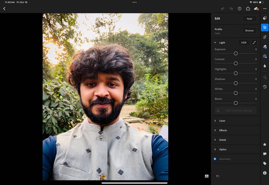 Lightroom on iPad showing photo editing options and tools