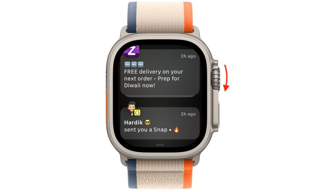 scroll down using Digital Crown to view Notifications in Apple Watch