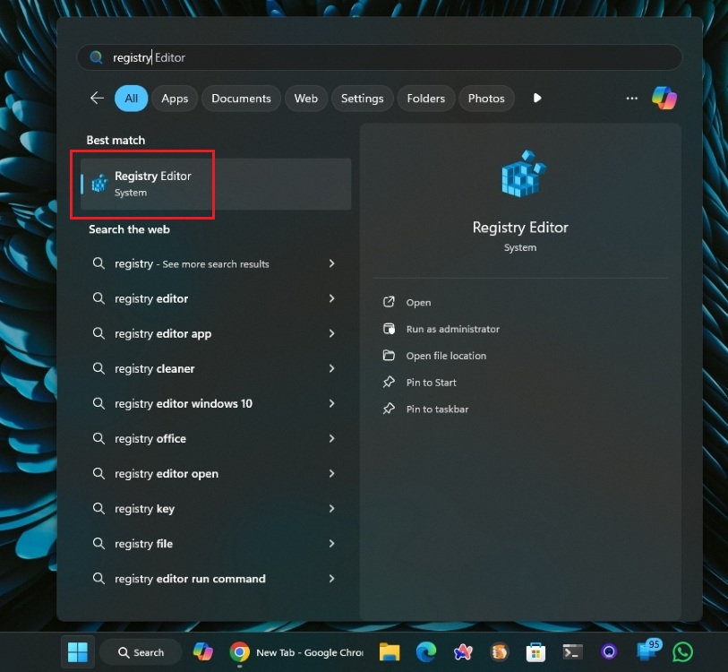 open registry in windows 11 start menu