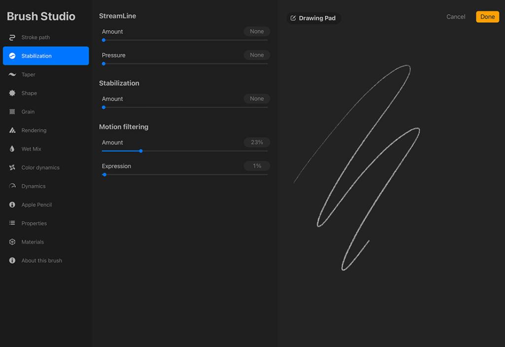 Brush settings page in Procreate for iPad