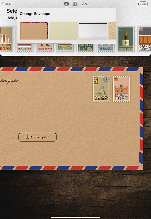 Selecting an envelope style in the lettre app 