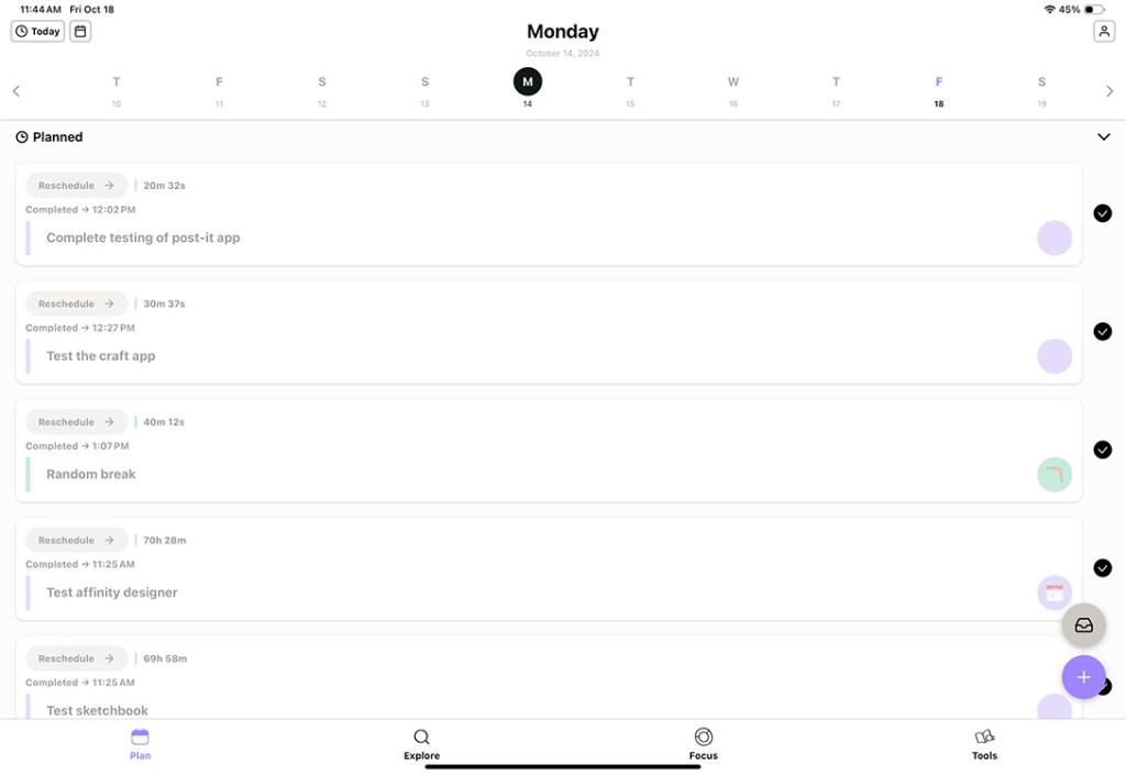 Tiimo app's main "Plan" view showing all the time blocked tasks added