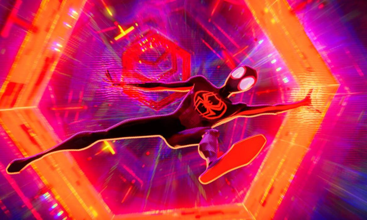 A still of Miles Morales falling into a multiversal portal in Spider-Man Across The Spider-Verse