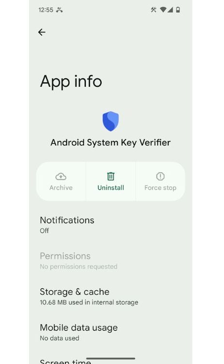 Android system key verifier app info android