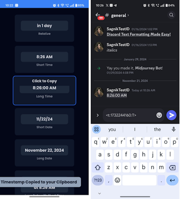 screen preview of copying a timestamp and pasting it on a Discord chat