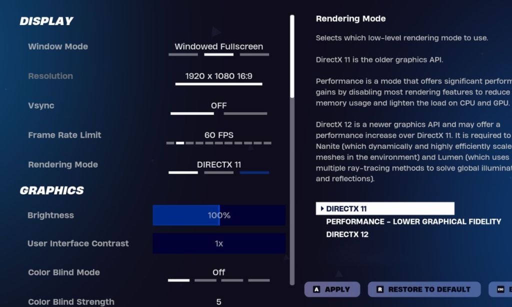 Display settings for Fortnite on PC