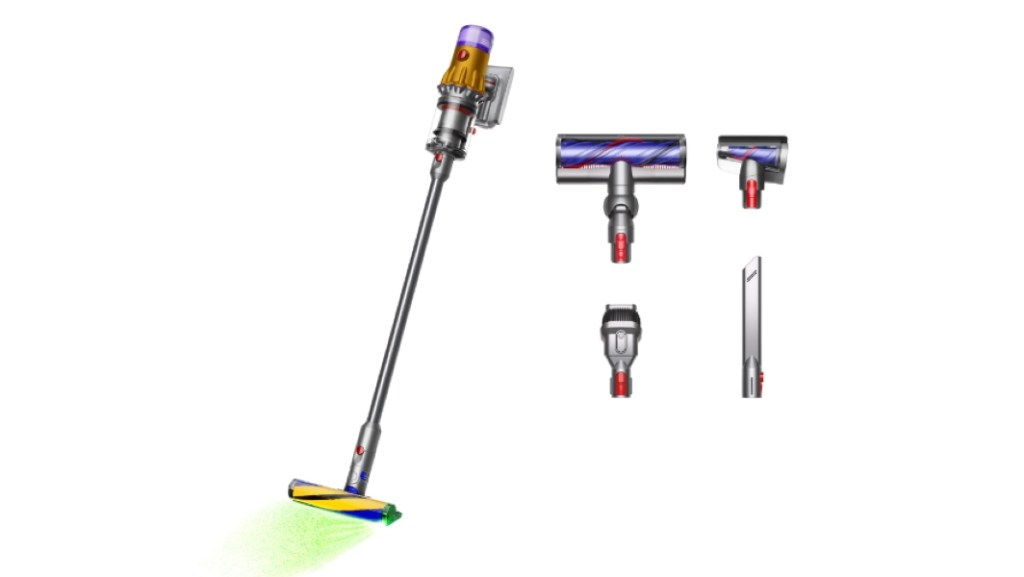 Dyson V12 Detect Slim product image on a white background with attachments placed on the right