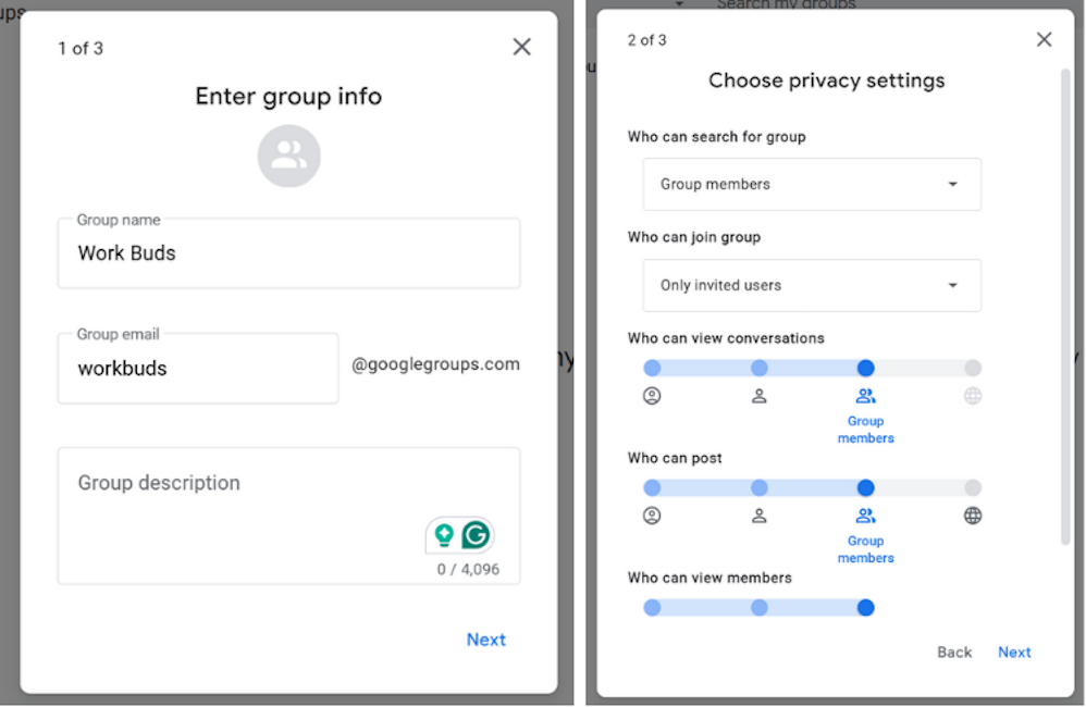 Entering group info and choosing privacy settings for a Google Groups address