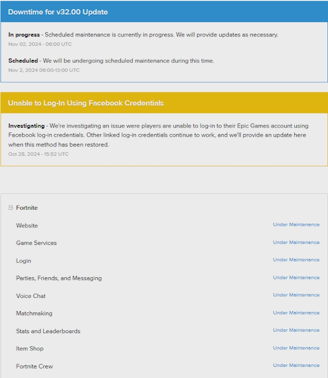 Fortnite server status on Epic status website