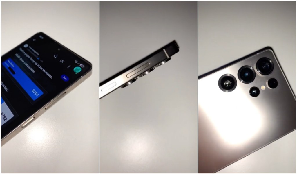 screenshots from the Galaxy S24 Ultra hands on video, showcasing the front, back, and edges of the device