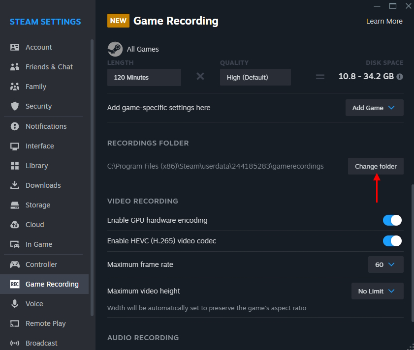 Game Recording folder change in Steam