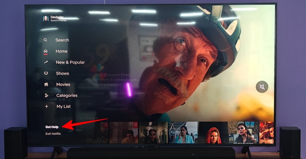 TV showing Netflix homepage with the left sidebar opened and Get Help option selected