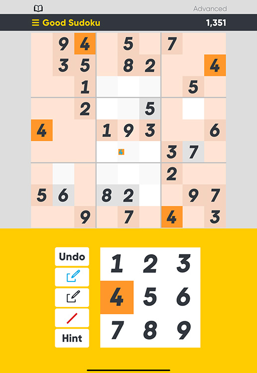 A Sudoku grid in the iPad puzzle game "Good Sudoku" showing hints, and other in-game options